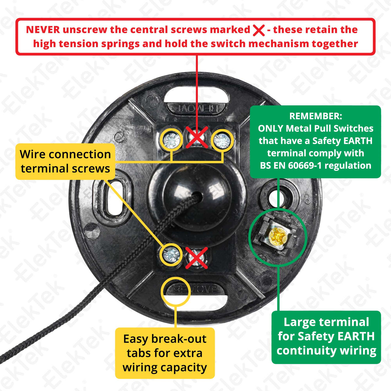 ElekTek Light Pull Cord Switch Ideal for Bathroom Ceiling with Metal Plated Cover (Matt Black - Thermoplastic) Gloss White