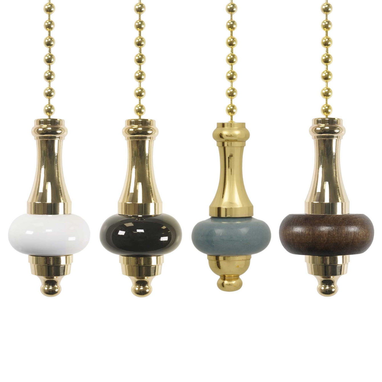ElekTek Bathroom Light Pull Cord Chain Handle Ceramic or Wooden Disc with 80cm Brass Chain White