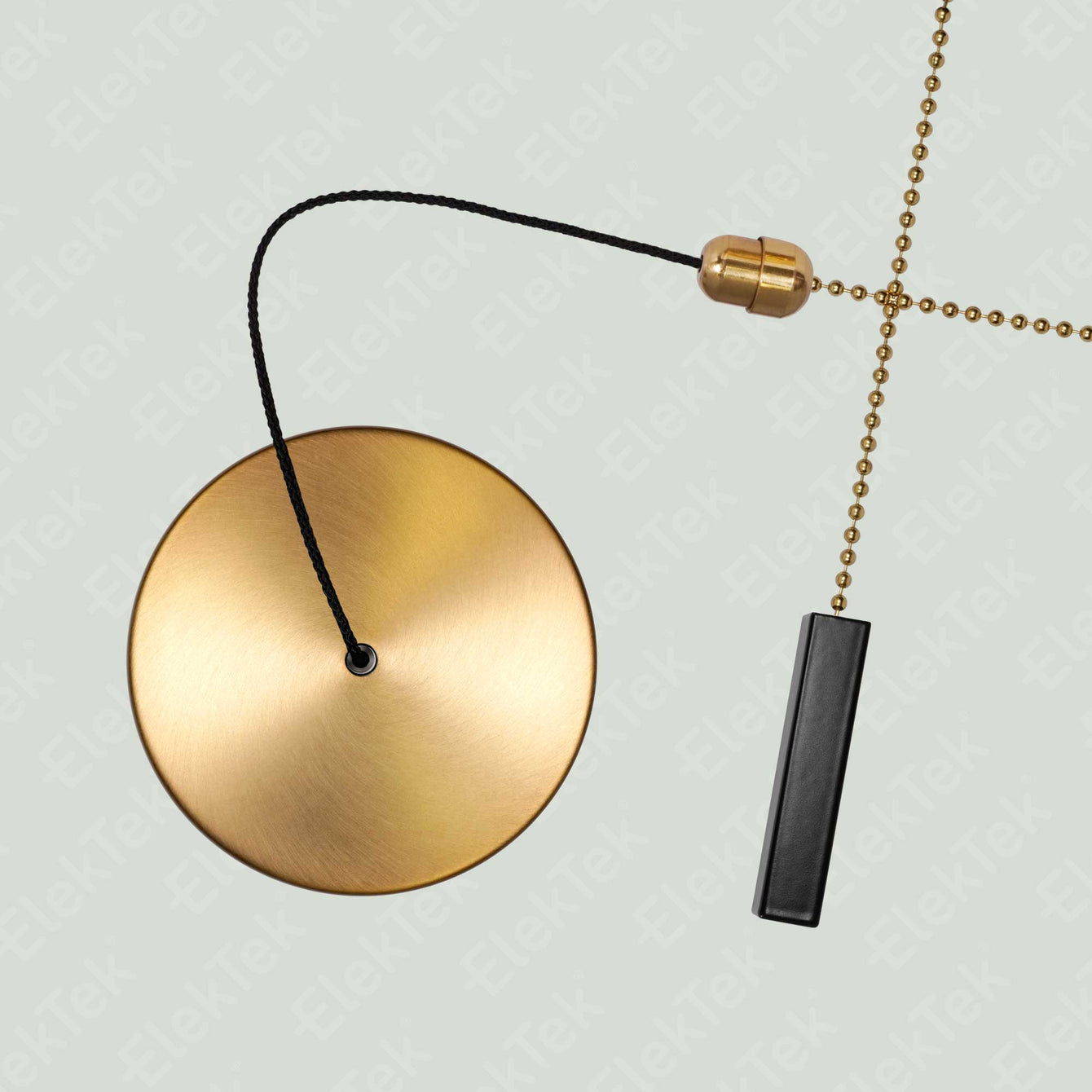 ElekTek Premium Brushed Brass Bathroom Light Pull Cord Switch Kit with Pull Chain Handle Black Square Bar / Black Cord