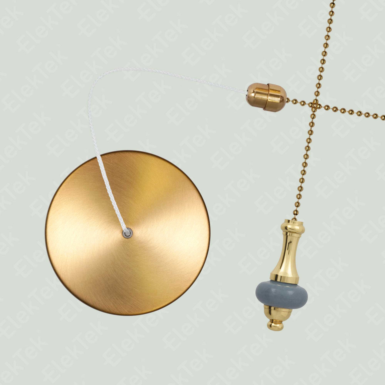 ElekTek Premium Brushed Brass Bathroom Light Pull Cord Switch Kit with Pull Chain Handle Dark Oak Disc / Brass