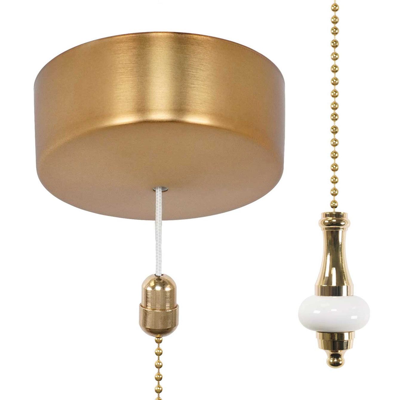 ElekTek Premium Brushed Brass Bathroom Light Pull Cord Switch Kit with Pull Chain Handle Black Cylinder / Black Cord