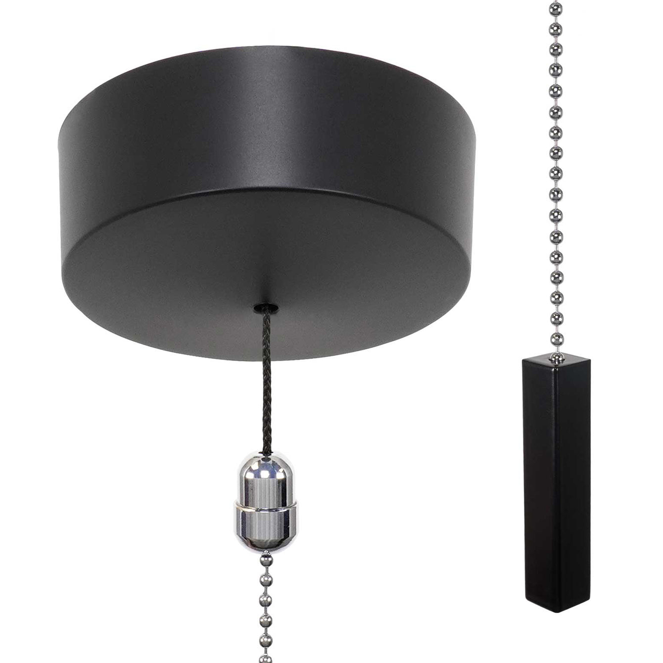 ElekTek Premium Matt Black Bathroom Light Pull Cord Switch Kit with Pull Chain Handle Black Cylinder / Black