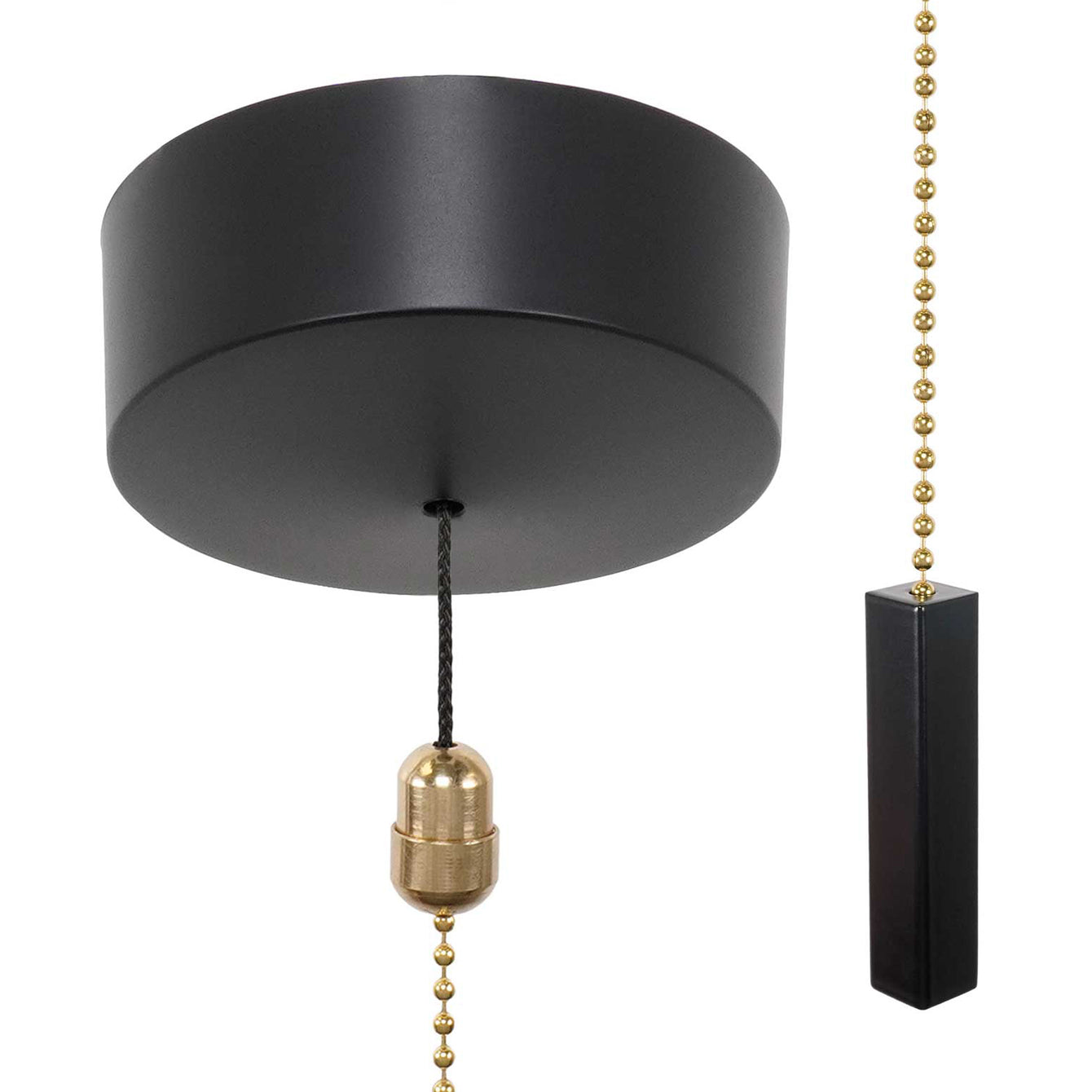 ElekTek Premium Matt Black Bathroom Light Pull Cord Switch Kit with Pull Chain Handle Crystal Ball / Brass