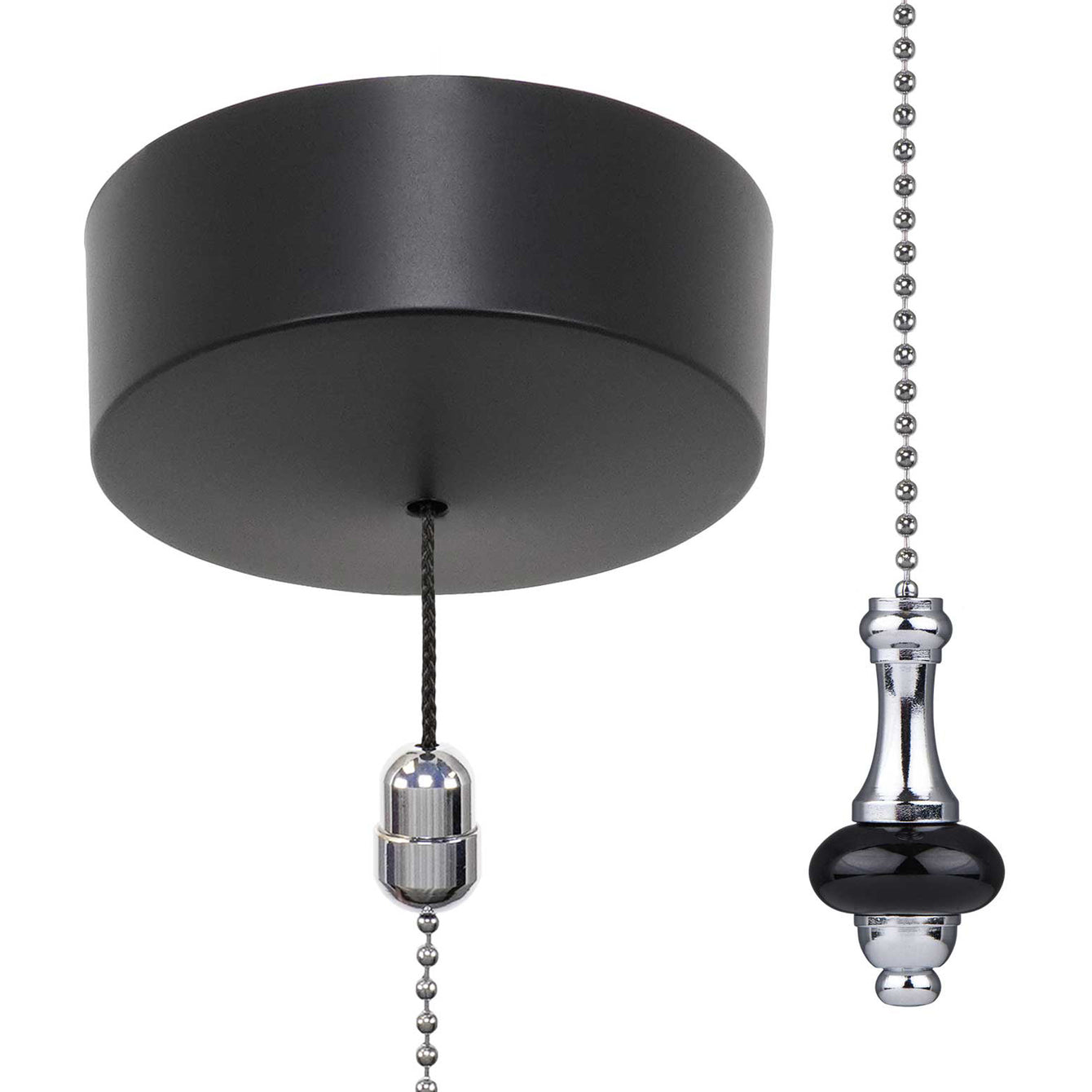 ElekTek Premium Matt Black Bathroom Light Pull Cord Switch Kit with Pull Chain Handle