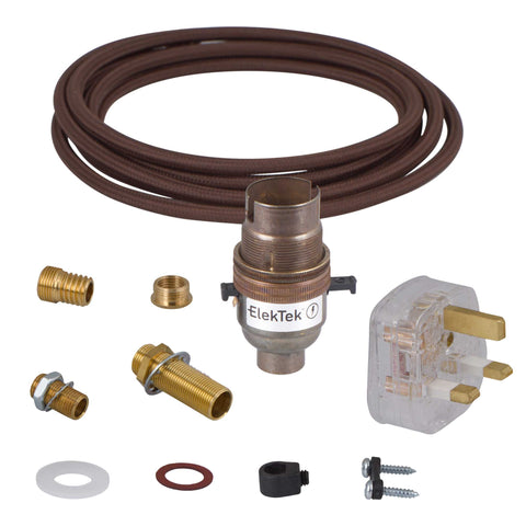 ElekTek Premium Lamp Kit Antique Brass Safety Switch B22 Lamp Holder with Flex and 3A UK Plug