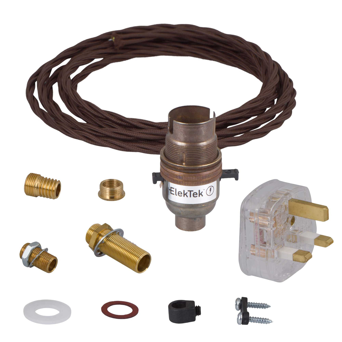 ElekTek Premium Lamp Kit Antique Brass Safety Switch B22 Lamp Holder with Flex and 3A UK Plug