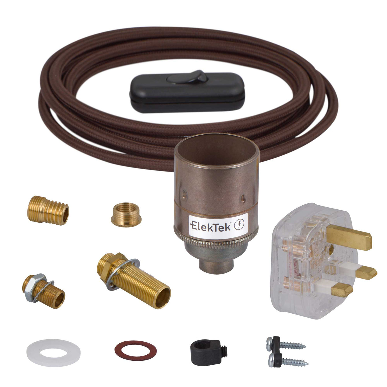ElekTek Premium Lamp Kit Antique Brass Plain E27 Lamp Holder with Flex, In Line Switch and 3A UK Plug Round