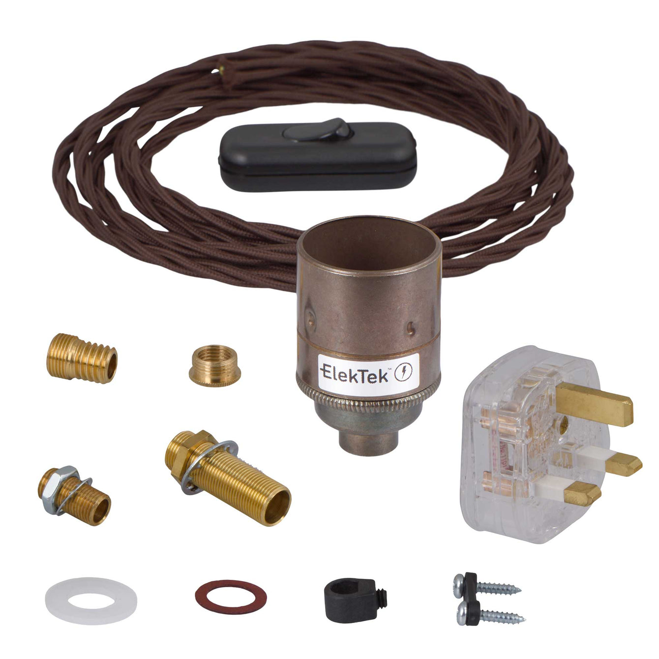 ElekTek Premium Lamp Kit Antique Brass Plain E27 Lamp Holder with Flex, In Line Switch and 3A UK Plug Twisted