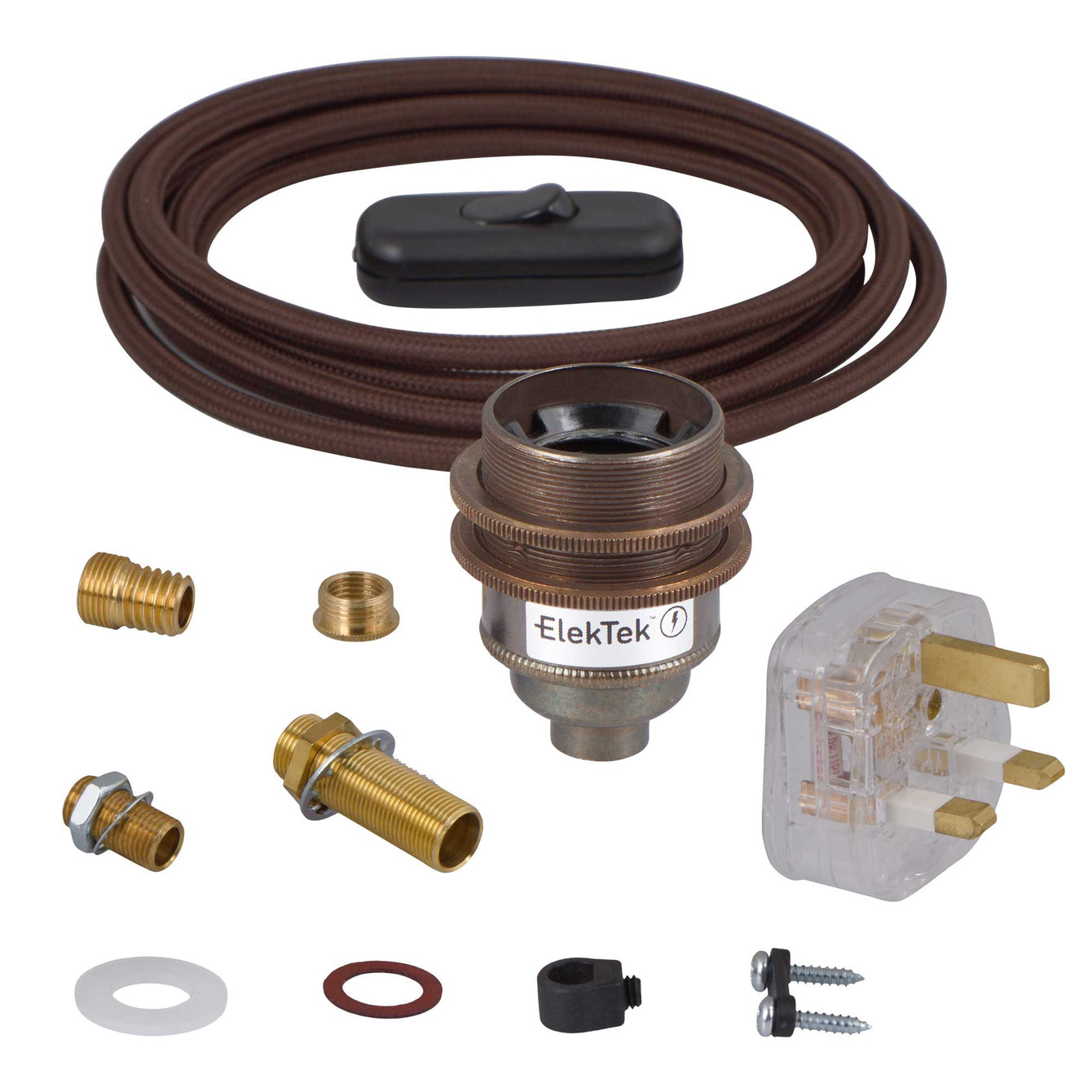 ElekTek Premium Lamp Kit Antique Brass Shade Ring E27 Lamp Holder with Flex, In Line Switch and 3A UK Plug Round