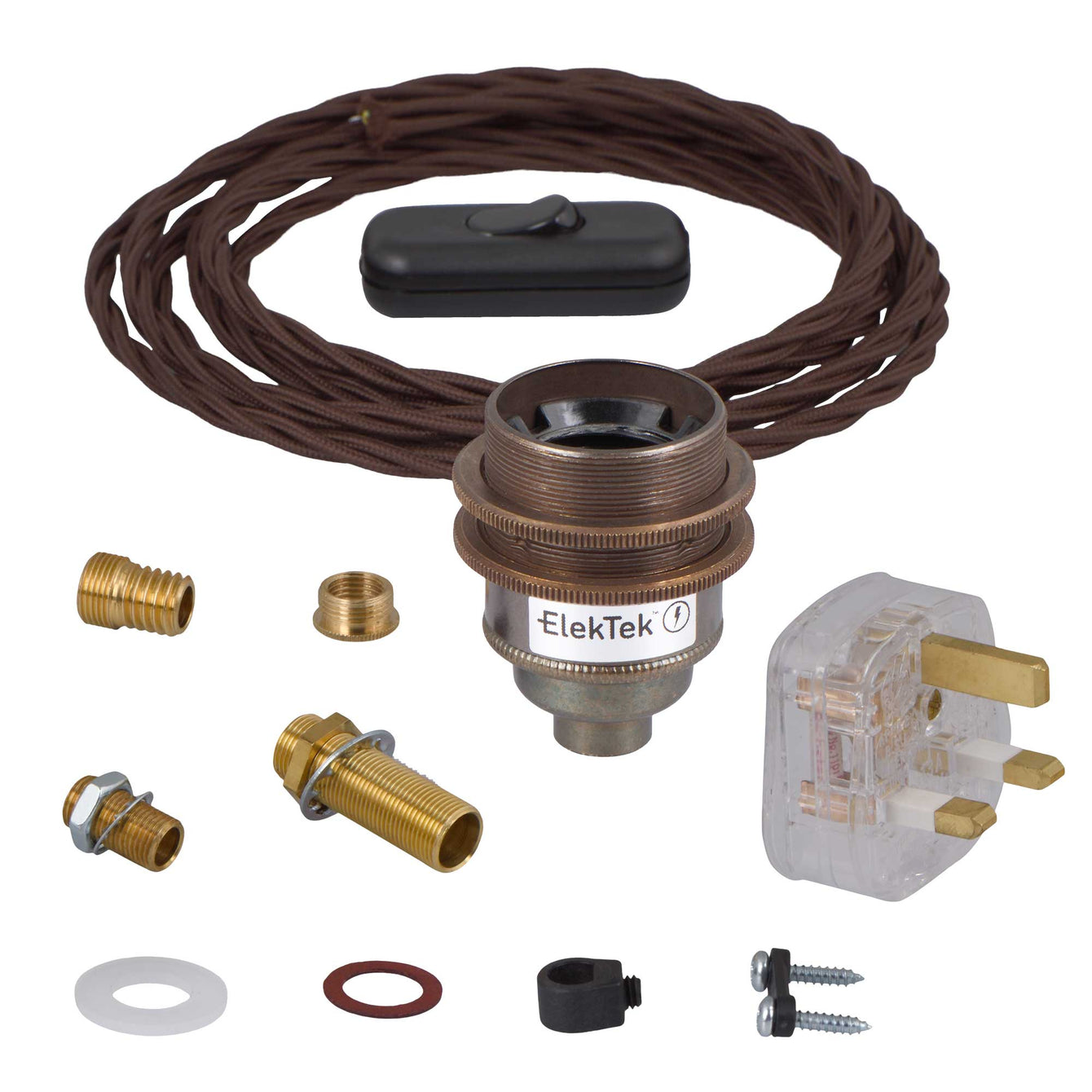 ElekTek Premium Lamp Kit Antique Brass Shade Ring E27 Lamp Holder with Flex, In Line Switch and 3A UK Plug Twisted