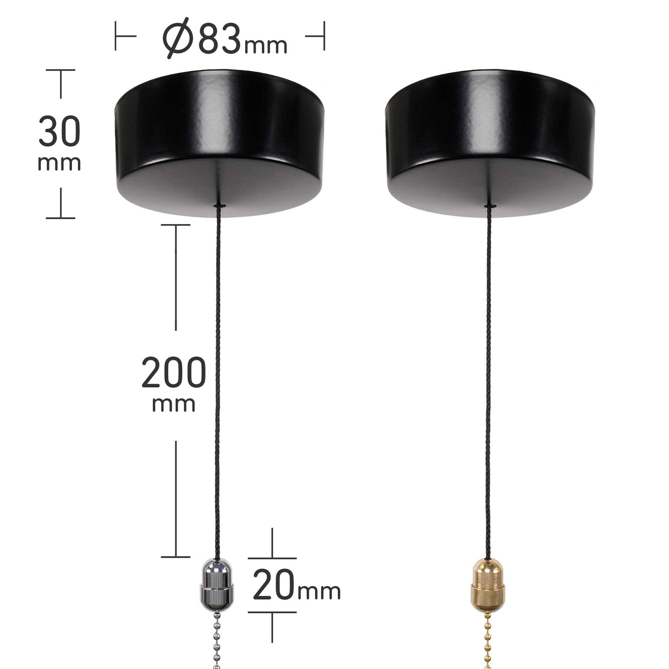 ElekTek Premium Black Bathroom Light Pull Cord Switch Kit with Pull Chain Handle Black Square Bar / Brass