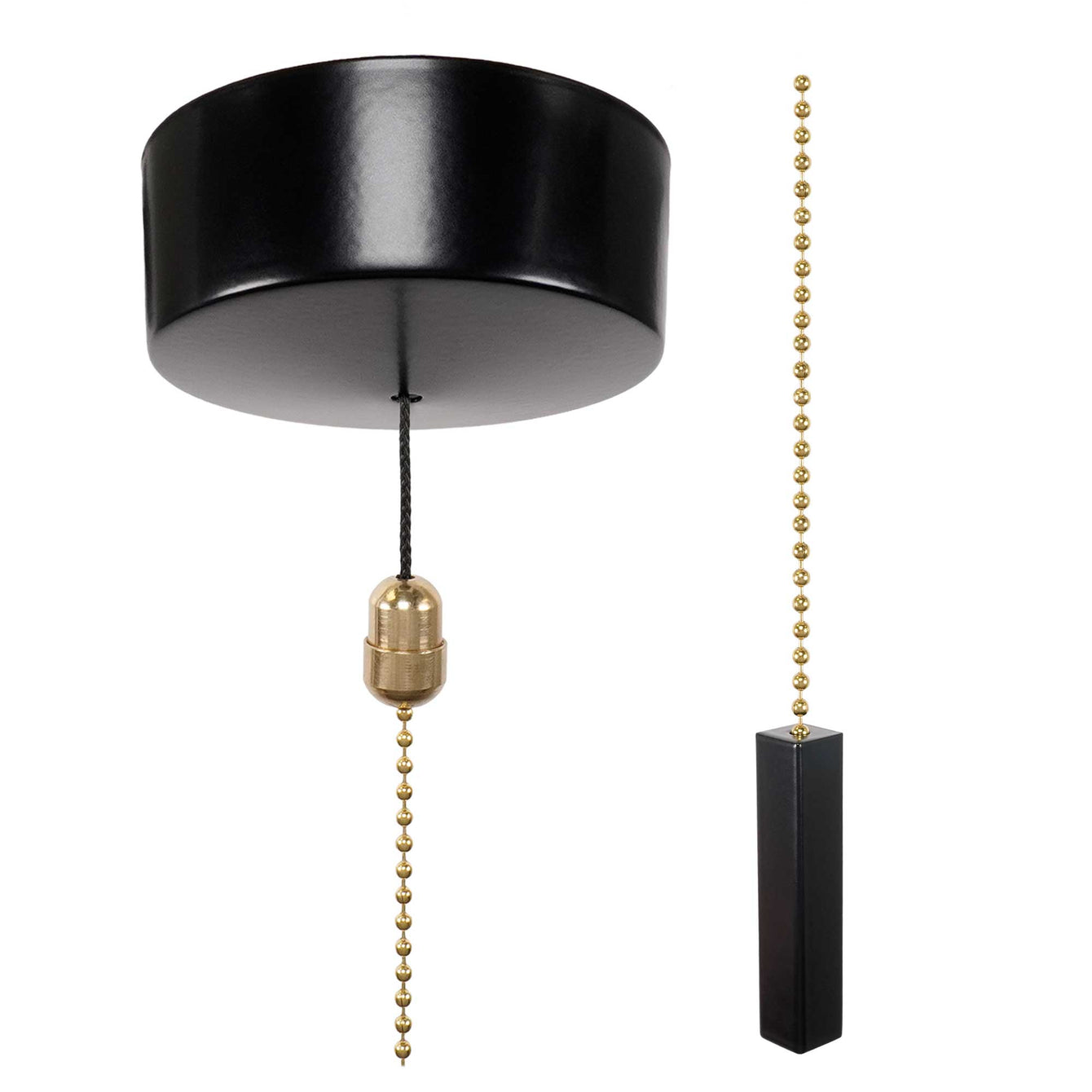 ElekTek Premium Satin Black Bathroom Light Pull Cord Switch Kit with Pull Chain Handle Black Crystal Ball / Chrome