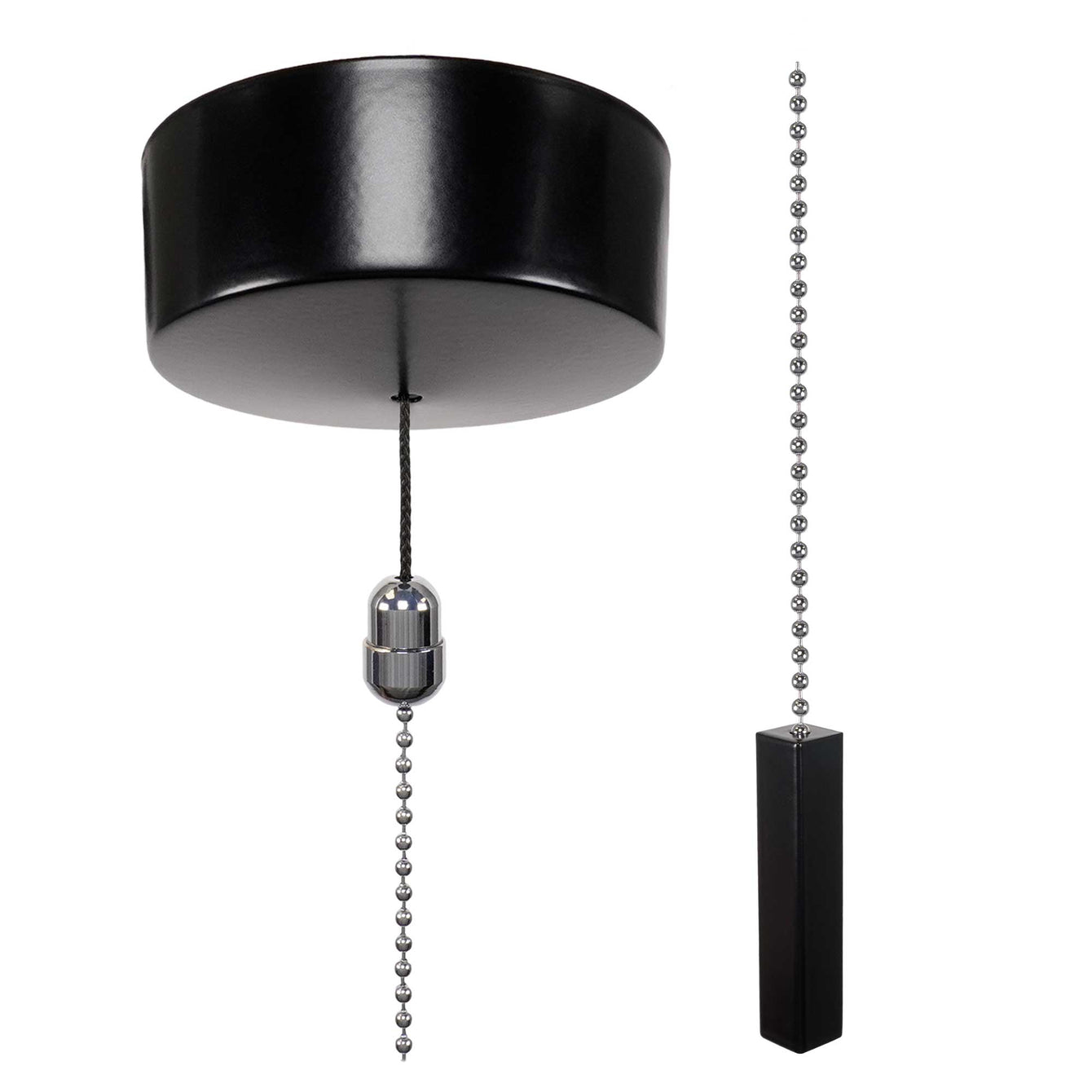 ElekTek Premium Black Bathroom Light Pull Cord Switch Kit with Pull Chain Handle Black Square Bar / Cord