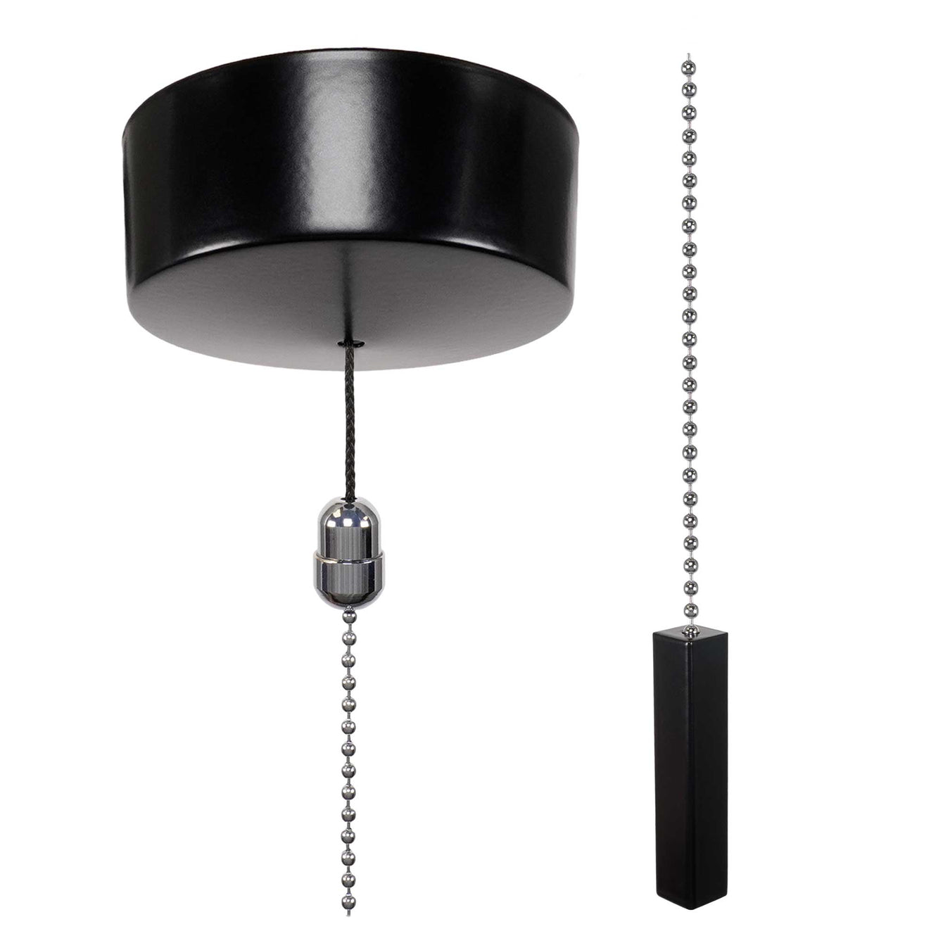 ElekTek Premium Satin Black Bathroom Light Pull Cord Switch Kit with Pull Chain Handle Black Cylinder / Black