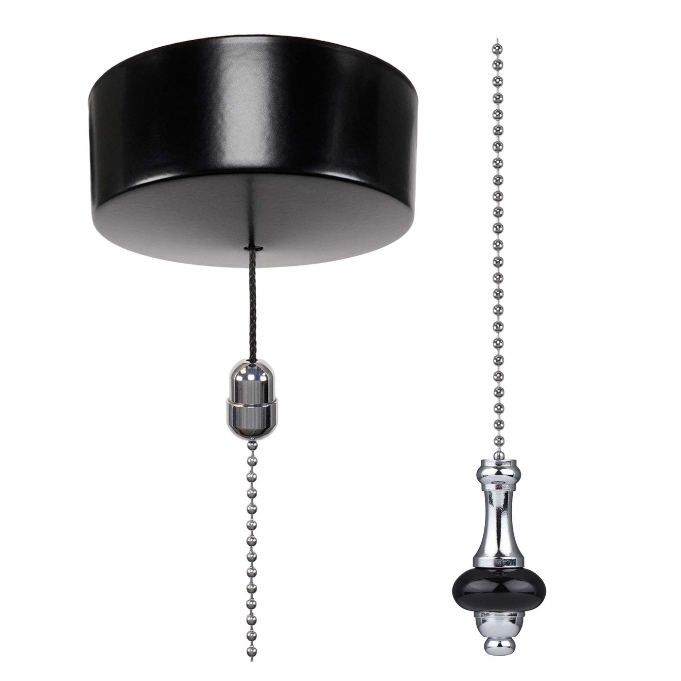 ElekTek Premium Satin Black Bathroom Light Pull Cord Switch Kit with Pull Chain Handle