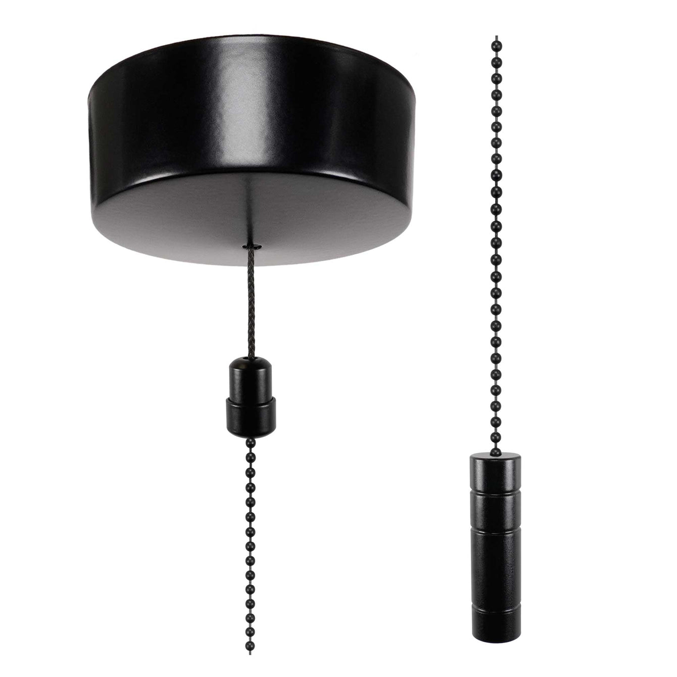 ElekTek Premium Satin Black Bathroom Light Pull Cord Switch Kit with Pull Chain Handle