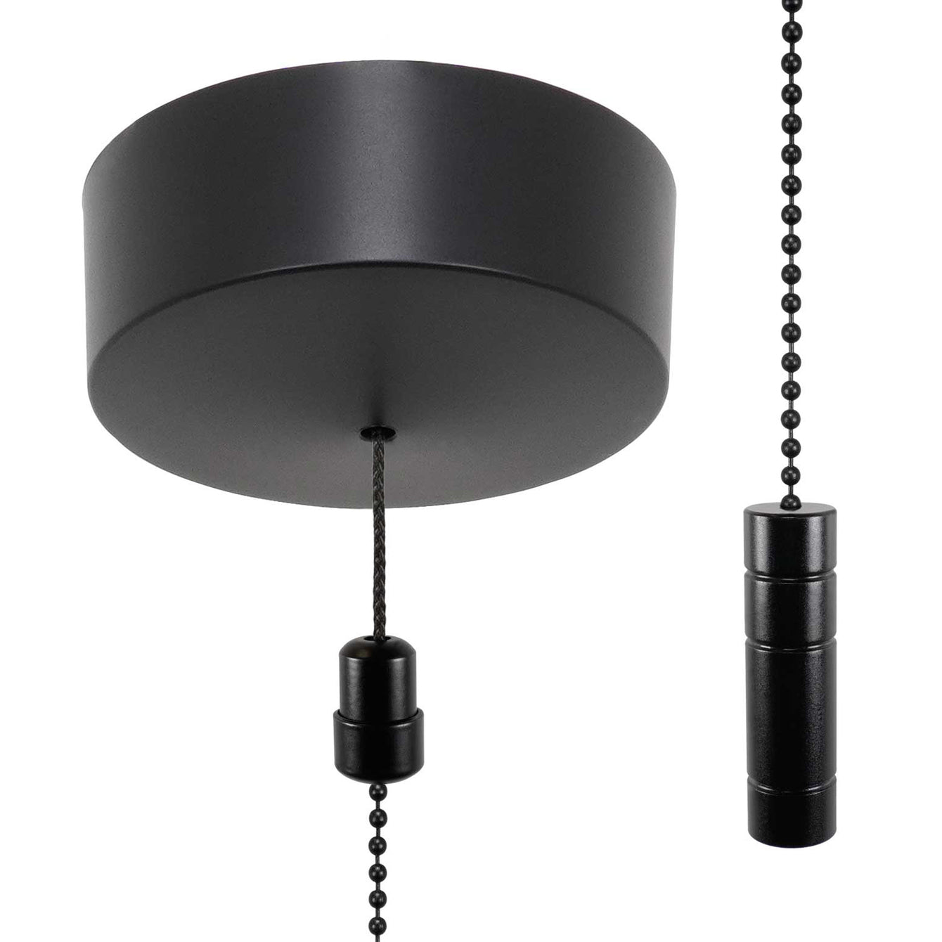 ElekTek Premium Matt Black Bathroom Light Pull Cord Switch Kit with Pull Chain Handle