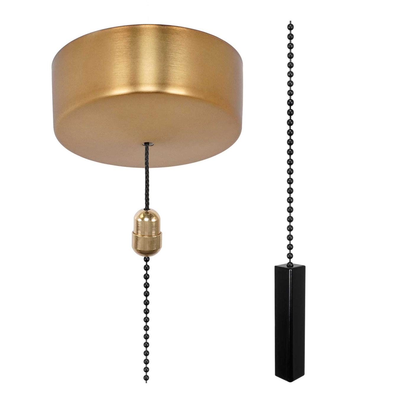 ElekTek Premium Brushed Brass Bathroom Light Pull Cord Switch Kit with Pull Chain Handle White Lighthouse / Brass