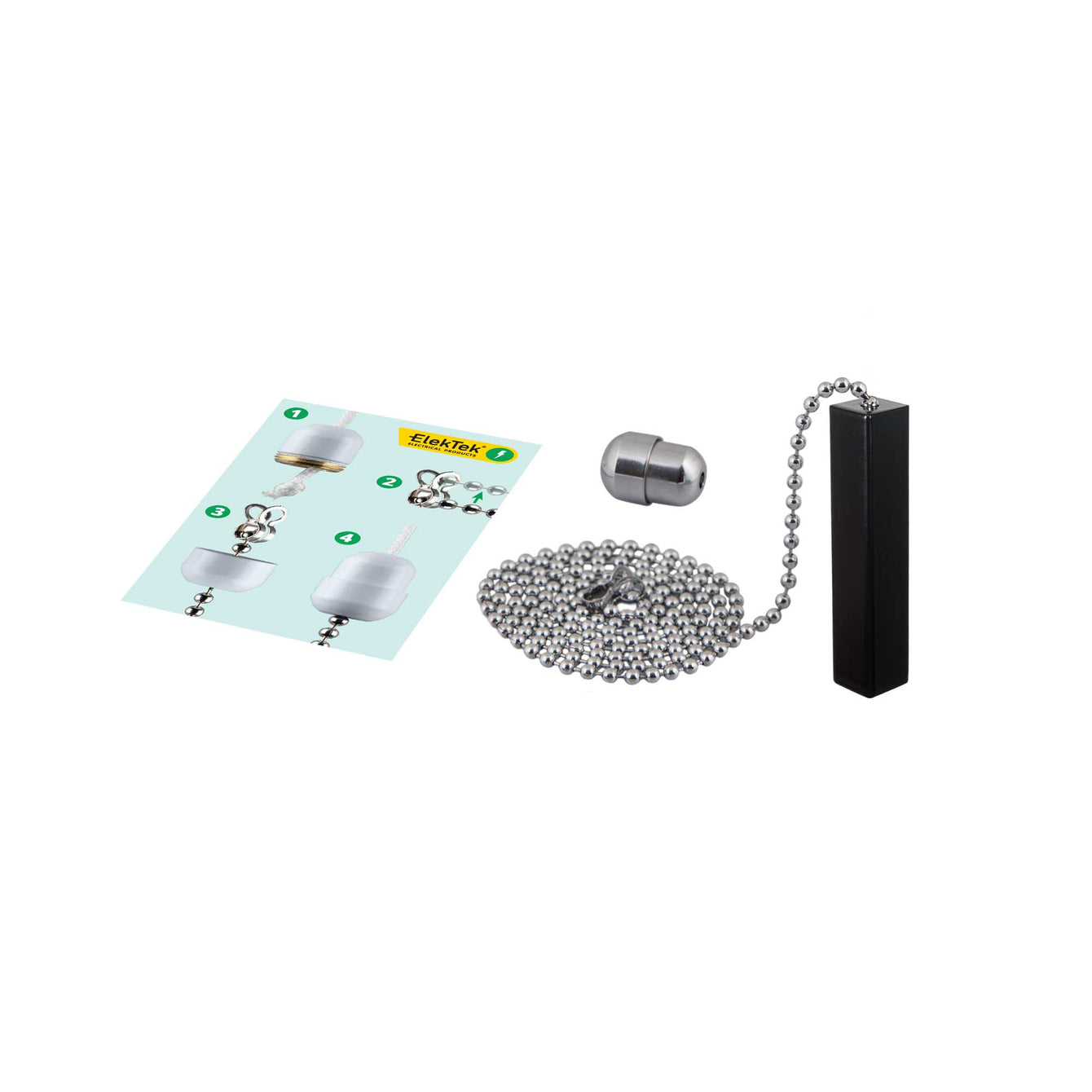 ElekTek Premium Satin Black Bathroom Light Pull Cord Switch Kit with Pull Chain Handle Black Ceramic Disc / Chrome