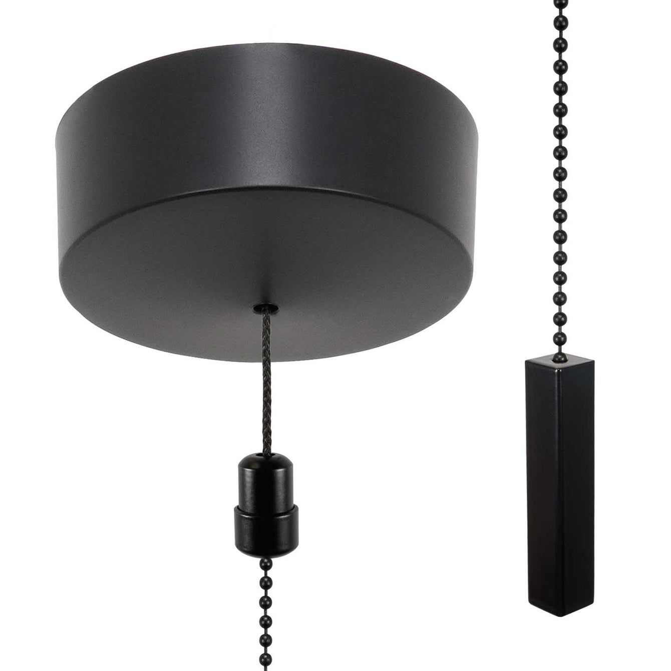 ElekTek Premium Matt Black Bathroom Light Pull Cord Switch Kit with Pull Chain Handle