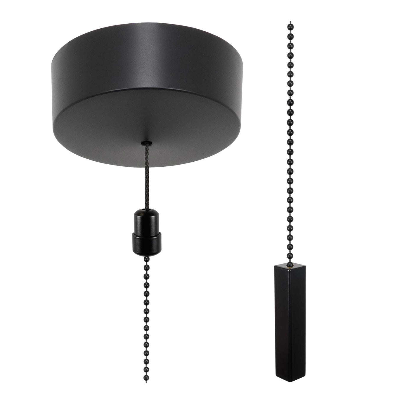 ElekTek Premium Matt Black Bathroom Light Pull Cord Switch Kit with Pull Chain Handle Black Cylinder / Cord