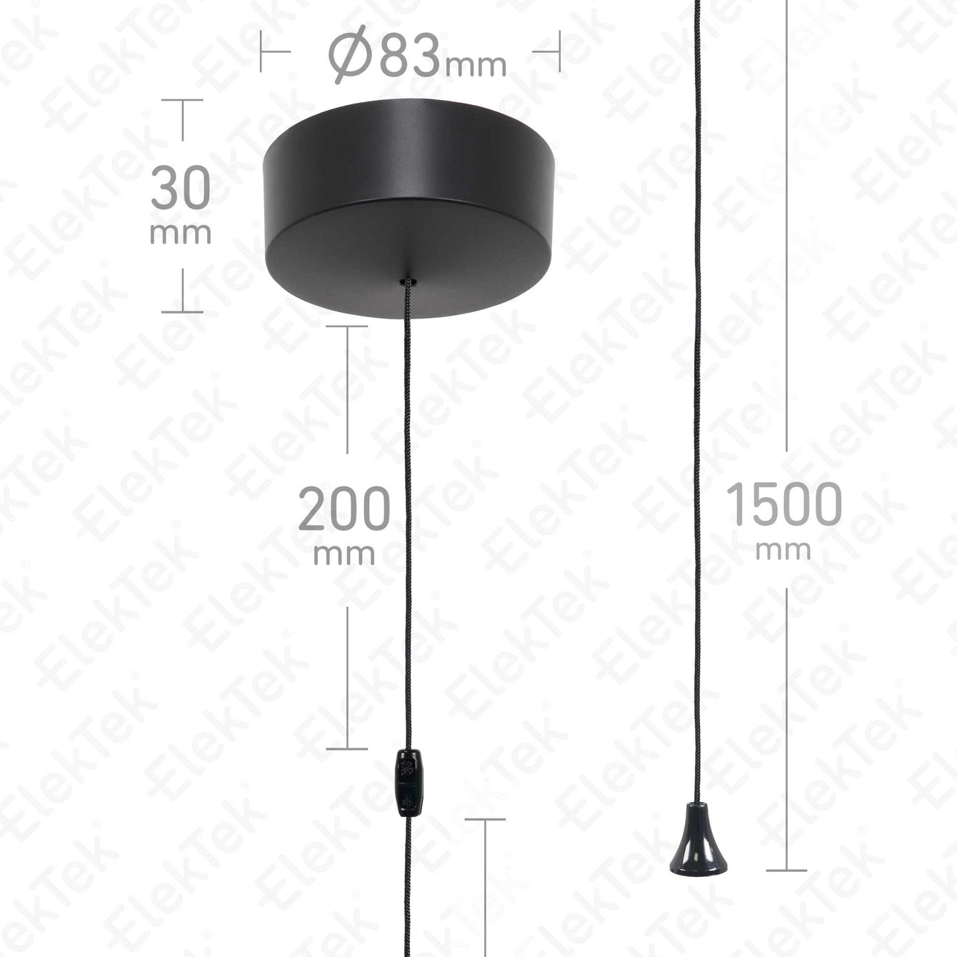 ElekTek Light Pull Cord Switch Ideal for Bathroom Ceiling with Metal Plated Cover (Matt Black - Thermoplastic) Brass