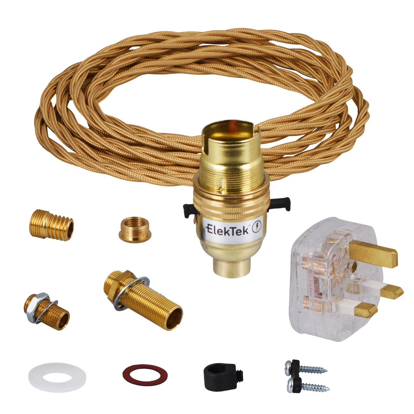 ElekTek Premium Lamp Kit Brass Safety Switch B22 Lamp Holder with Gold Flex and 3A UK Plug