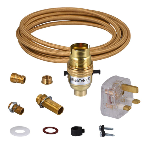ElekTek Premium Lamp Kit Brass Safety Switch B22 Lamp Holder with Gold Flex and 3A UK Plug