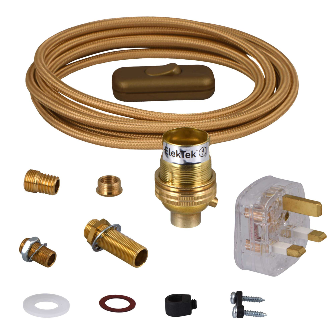 ElekTek Premium Lamp Kit Brass Unswitched B22 Lamp Holder with Gold Flex and 3A UK Plug Round