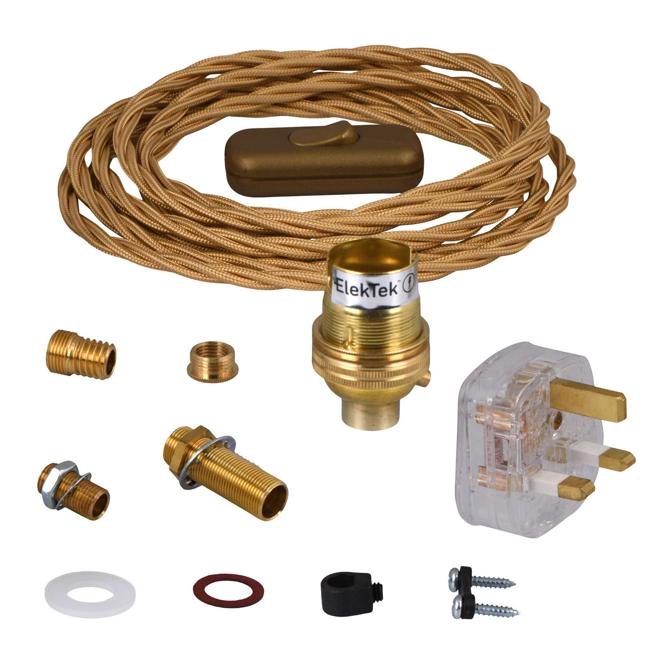 ElekTek Premium Lamp Kit Brass Unswitched B22 Lamp Holder with Gold Flex and 3A UK Plug