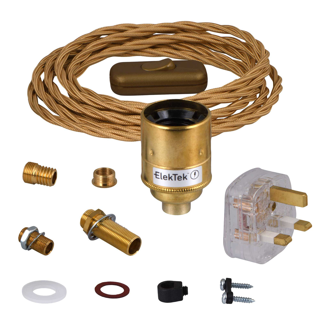 ElekTek Premium Lamp Kit Brass Plain E27 Lamp Holder with Gold Flex, In Line Switch and 3A UK Plug