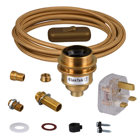ElekTek Premium Lamp Kit Brass Shade Ring E27 Lamp Holder with Gold Flex, In Line Switch and 3A UK Plug