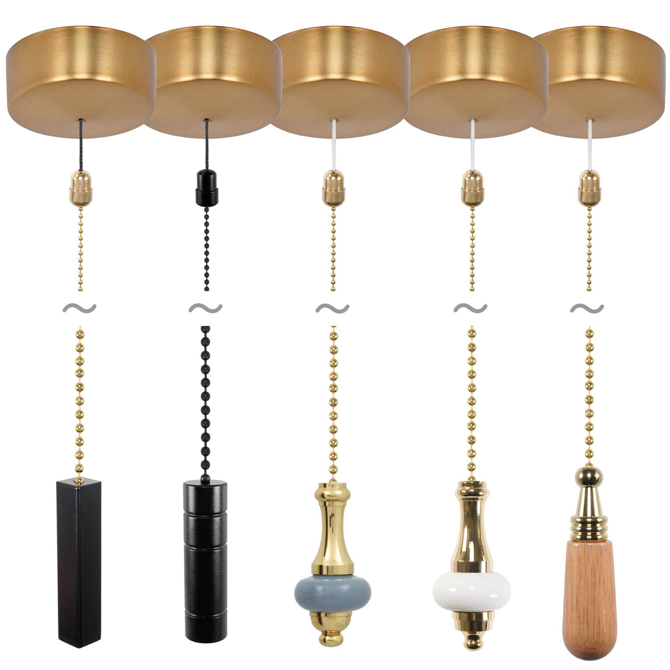 ElekTek Premium Brushed Brass Bathroom Light Pull Cord Switch Kit with Pull Chain Handle White Disc / Brass