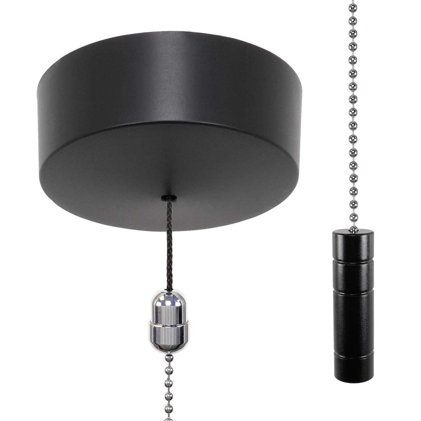 ElekTek Premium Matt Black Bathroom Light Pull Cord Switch Kit with Pull Chain Handle
