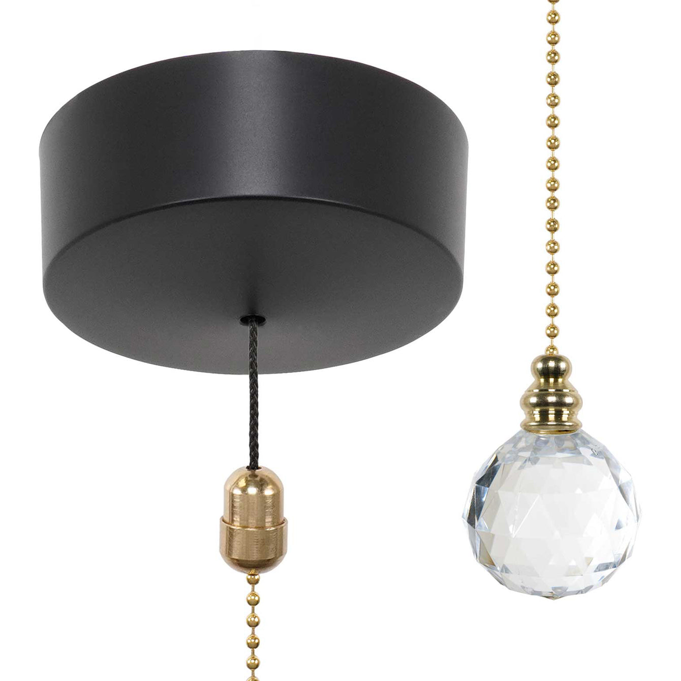 ElekTek Premium Matt Black Bathroom Light Pull Cord Switch Kit with Pull Chain Handle