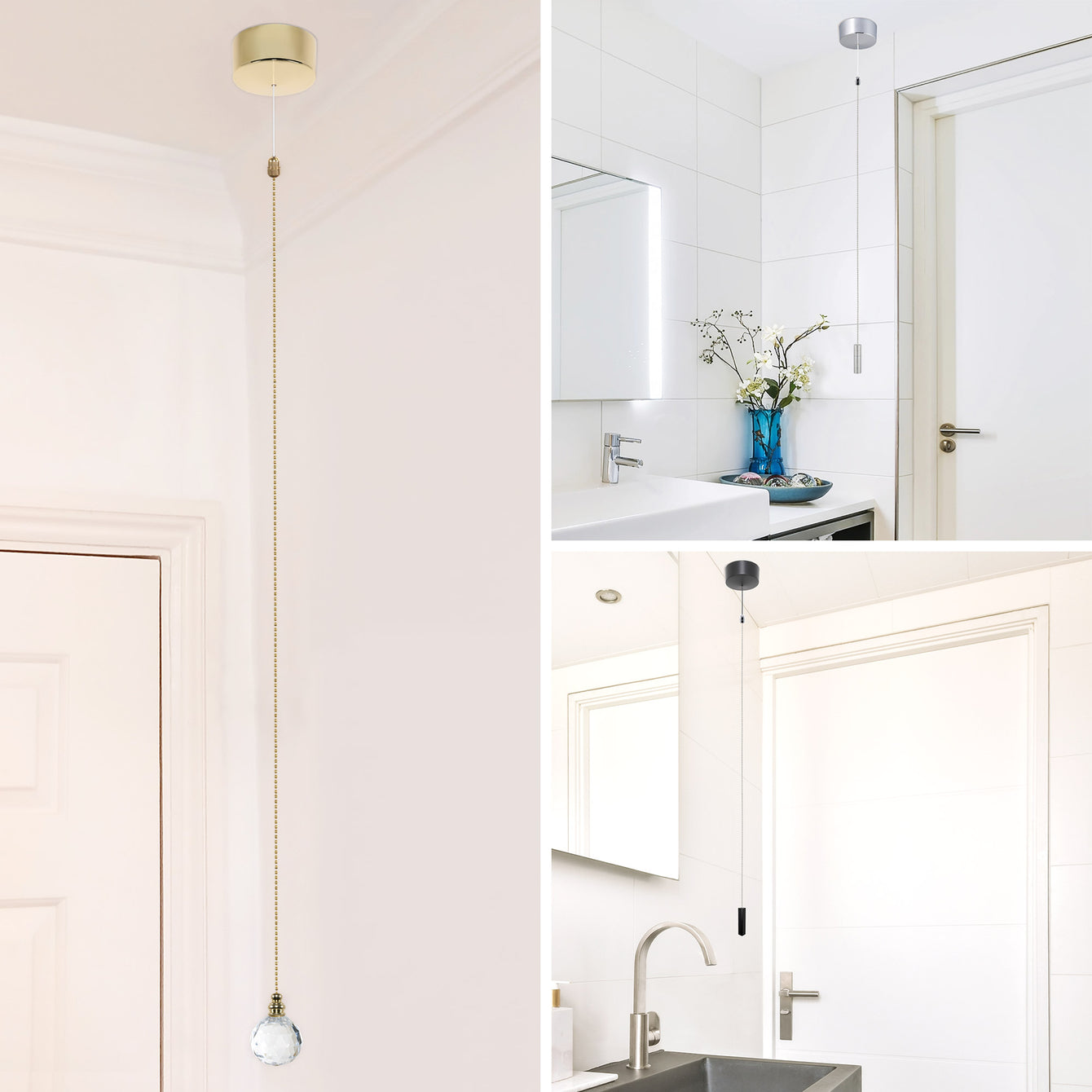 ElekTek Premium Metal Plated Brass Effect Bathroom Light Pull Cord Switch Kit with Pull Chain Handle Grey Blue Disc / Brass
