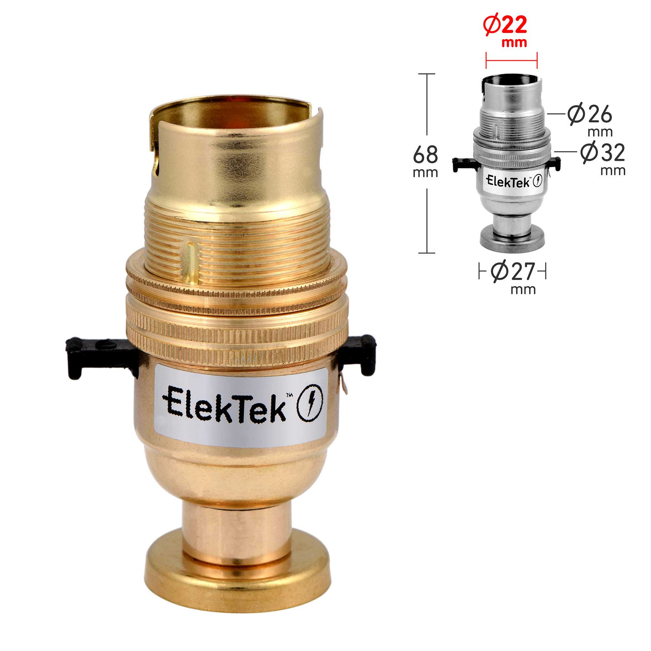 ElekTek Safety Switch Lamp Holder Half Inch Bayonet Cap B22 With Shade Ring Back Plate Cover and Screws Brass Antique Brass