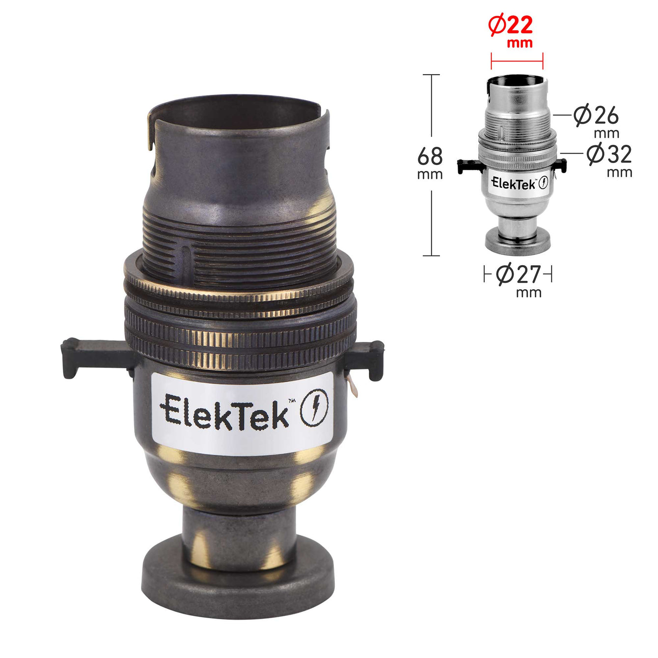 ElekTek Safety Switch Lamp Holder Half Inch Bayonet Cap B22 With Shade Ring Back Plate Cover and Screws Brass