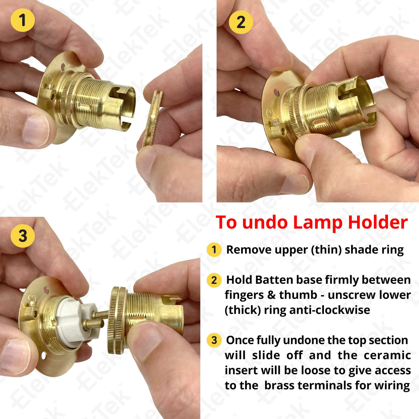 ElekTek Lamp Holder Fixed 52mm Dia Batten Bayonet Cap BC B22 With Shade Ring 3 Fixing Holes Bronze