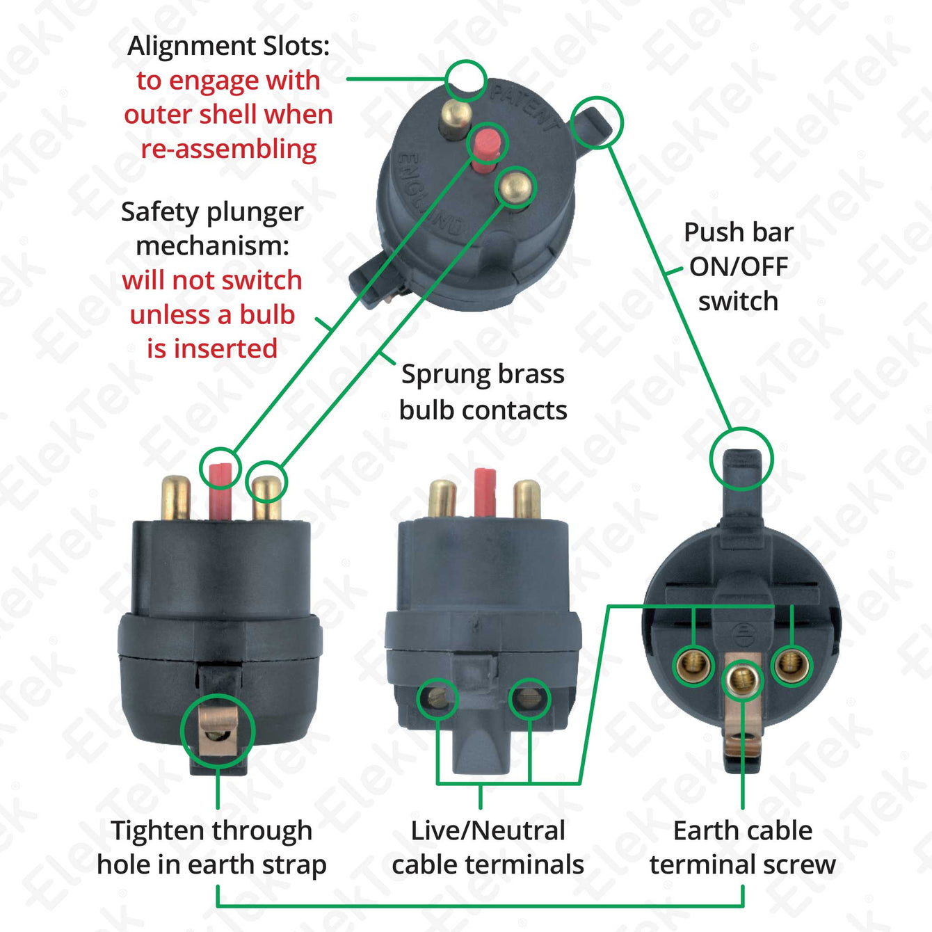 ElekTek Premium Lamp Kit Brass Safety Switch B22 Lamp Holder with Gold Flex and 3A UK Plug