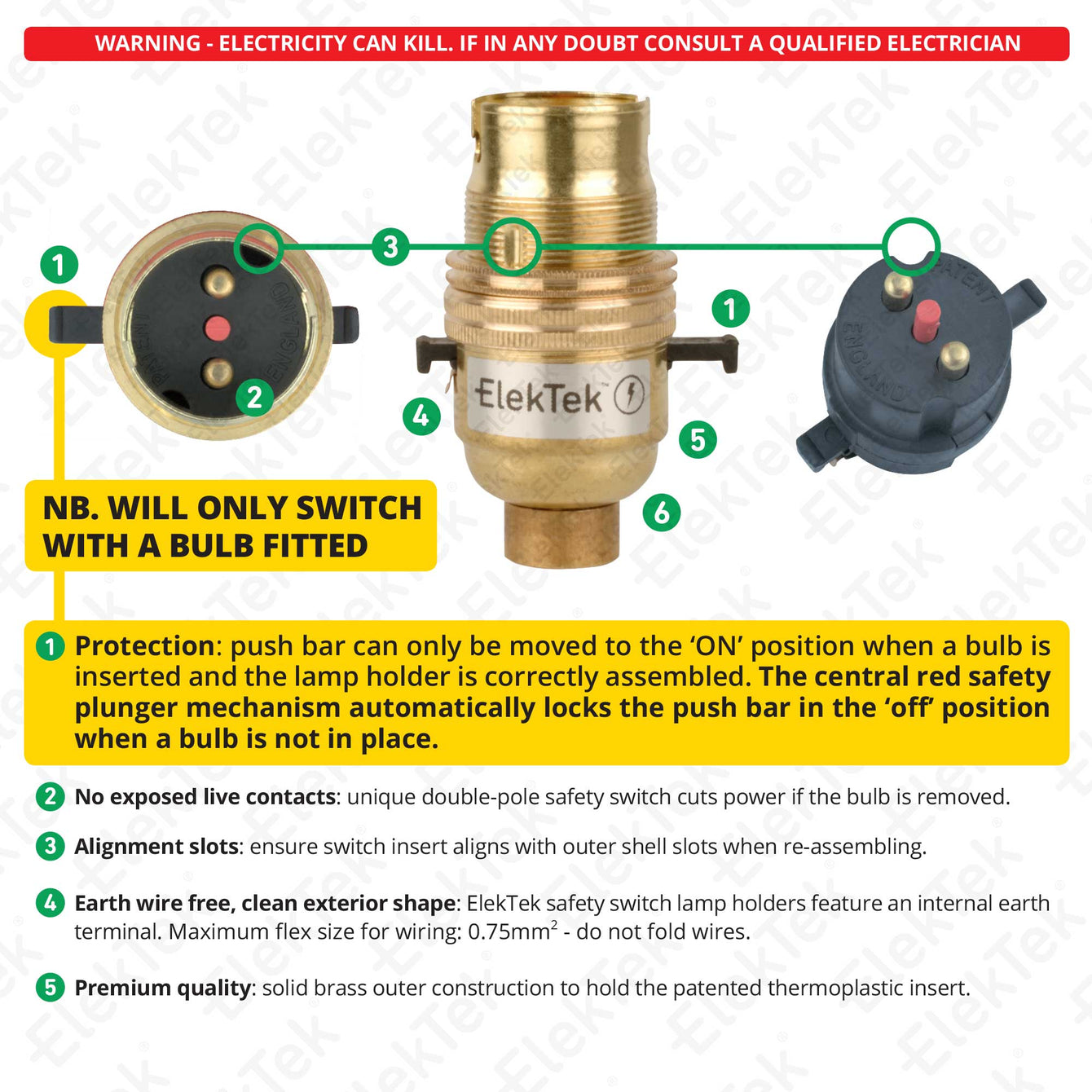 ElekTek Premium Lamp Kit Brass Safety Switch B22 Lamp Holder with Gold Flex and 3A UK Plug