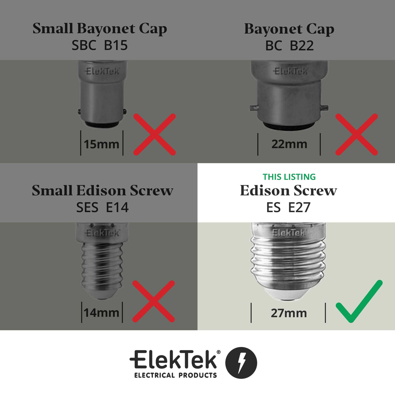 ElekTek ES Edison Screw E27 Lamp Holder Shade Ring With Back Plate Cover and Screws Brass and Matched Cover 