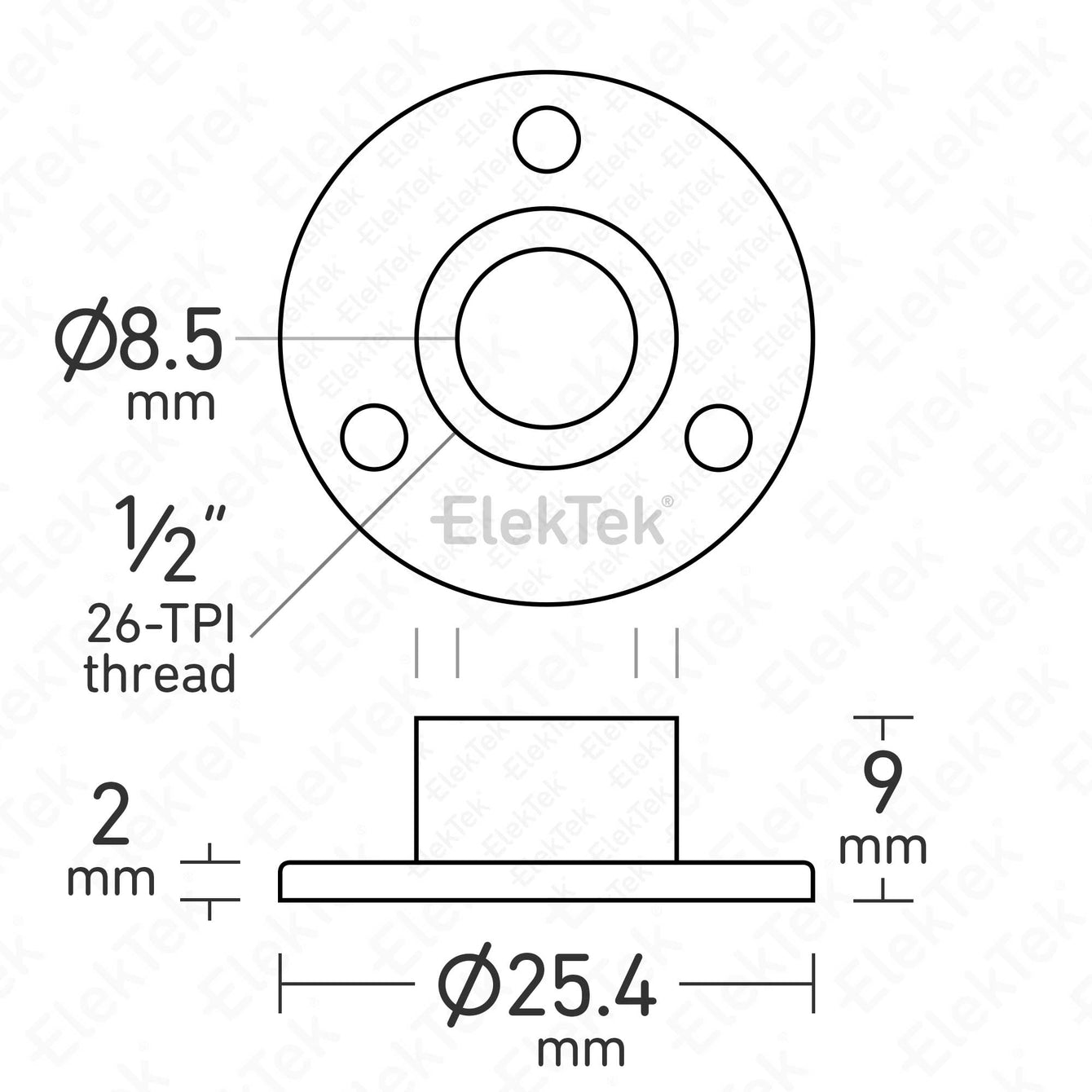 ElekTek Solid Brass Back Plate Lamp Bulb Holder Mount Fitting 10mm or 0.5/Half Inch Threaded Brass Boss 25.4mm/1