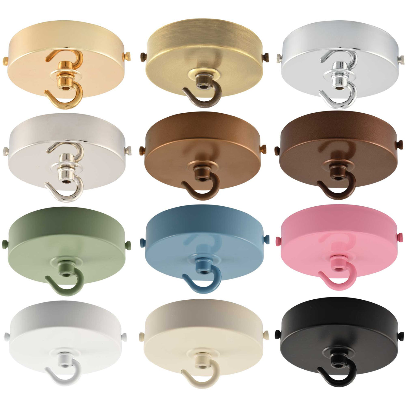 ElekTek 100mm Diameter Flat Top Ceiling Rose with Strap Bracket and Hook Metallic Finishes Powder Coated Colours Brass