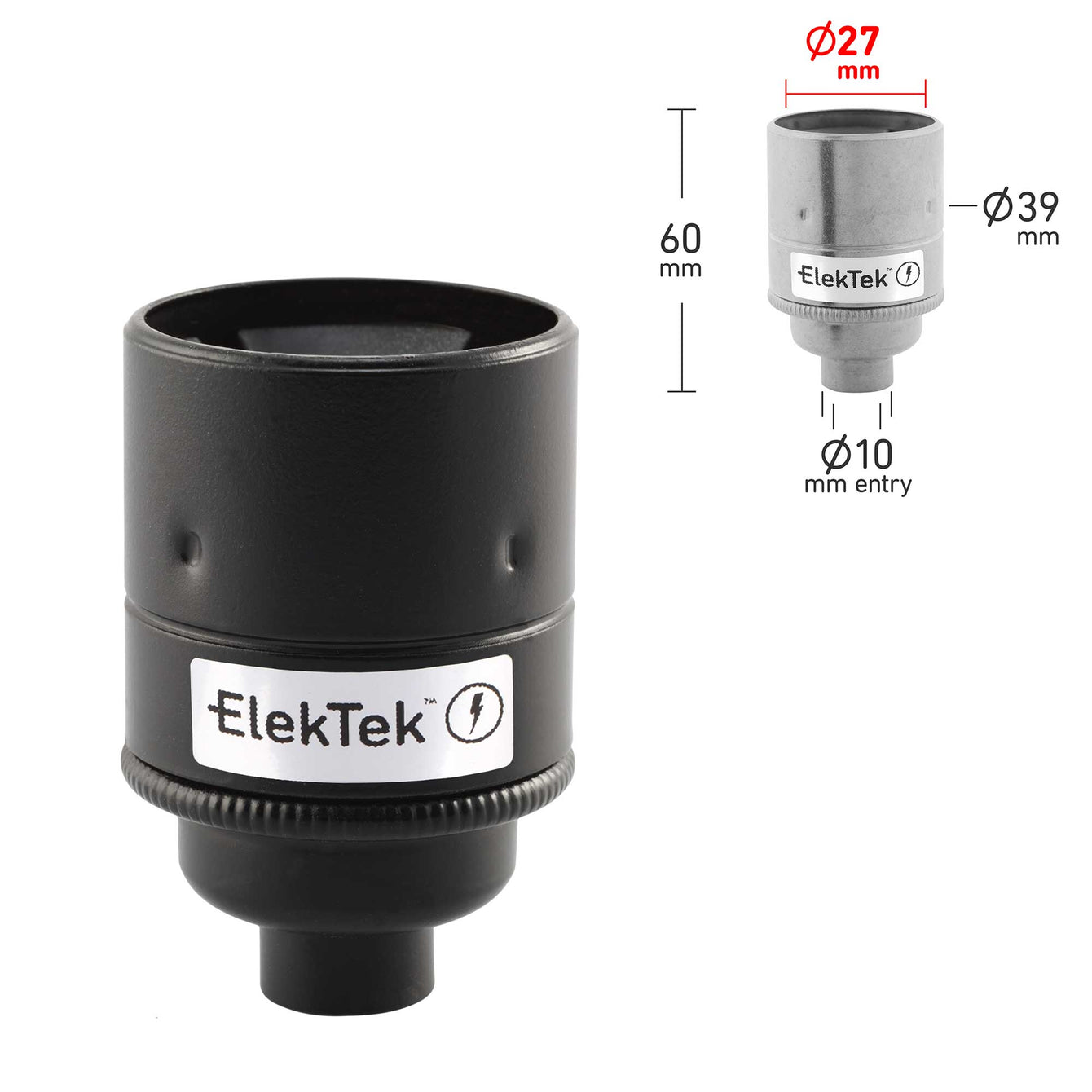 ElekTek ES Edison Screw E27 Lamp Holder Plain Skirt 10mm or Half Inch Entry Ideal for Vintage Filament Bulbs Brass - Buy It Better Jet Black / 10mm
