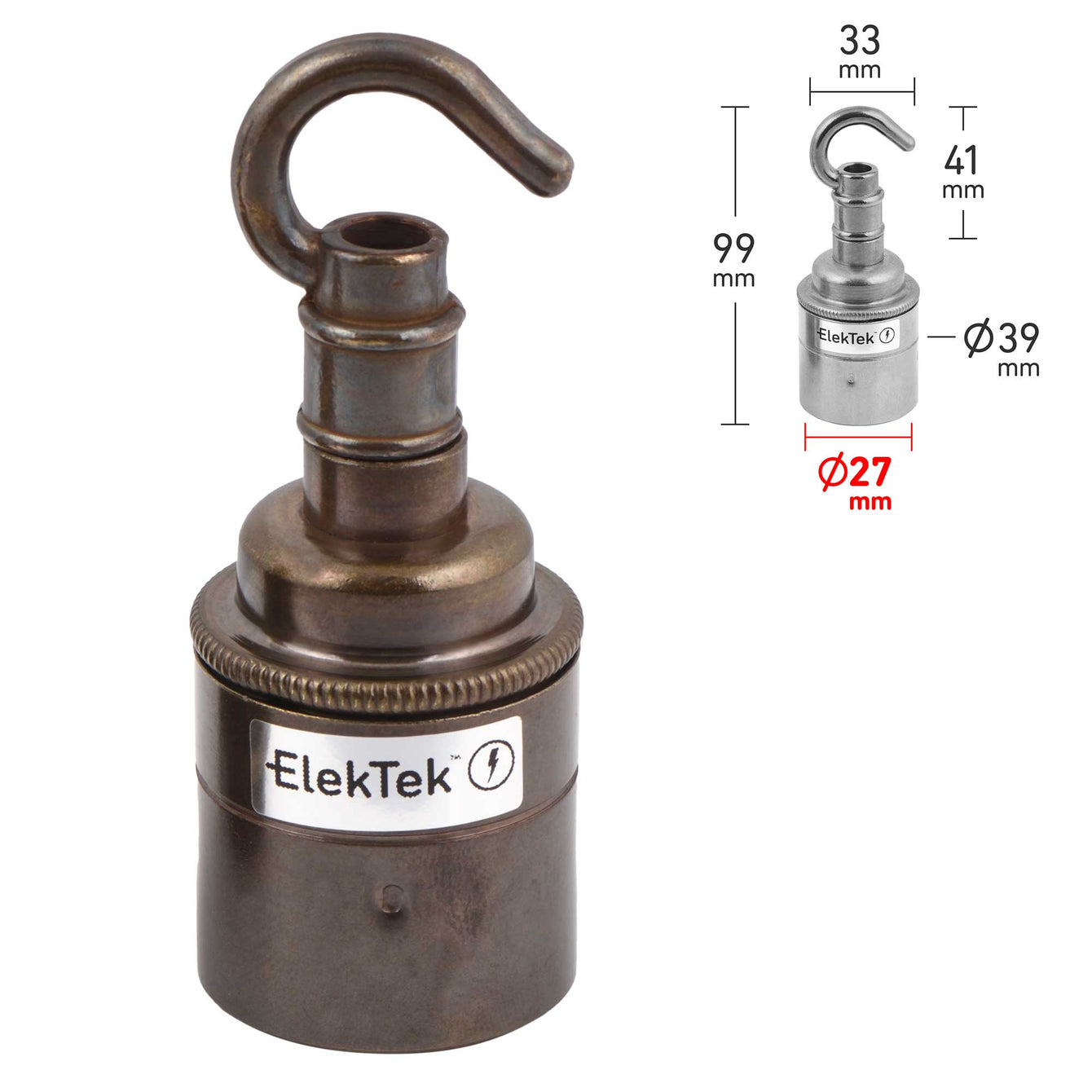 ElekTek ES Edison Screw E27 Lamp Holder Plain Skirt With Accessory Hook Brass Jet Black