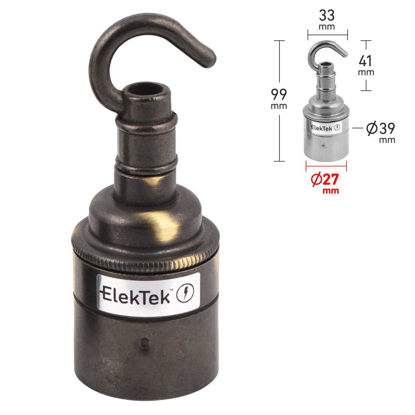ElekTek ES Edison Screw E27 Lamp Holder Plain Skirt With Accessory Hook Brass