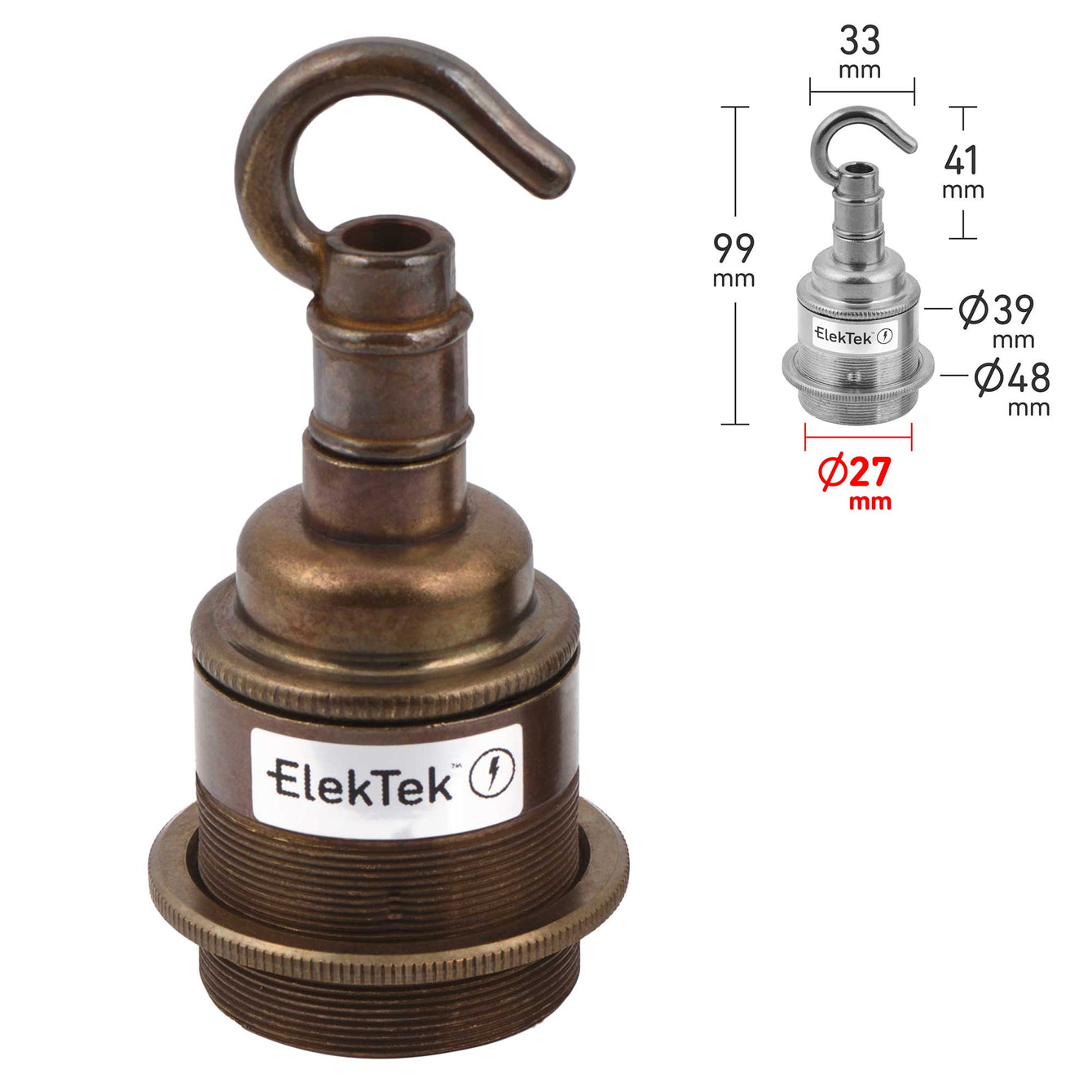 ElekTek ES Edison Screw E27 Lamp Holder Shade Ring With Accessory Hook Brass