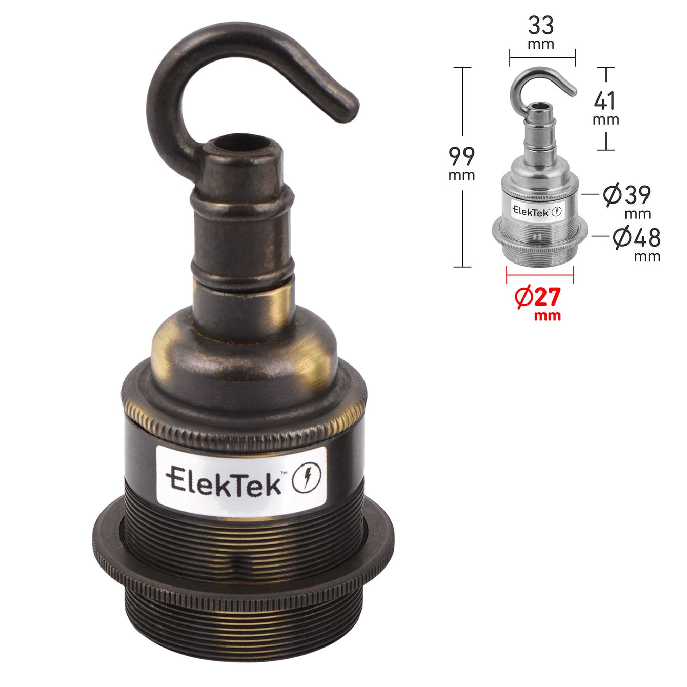 ElekTek ES Edison Screw E27 Lamp Holder Shade Ring With Accessory Hook Brass