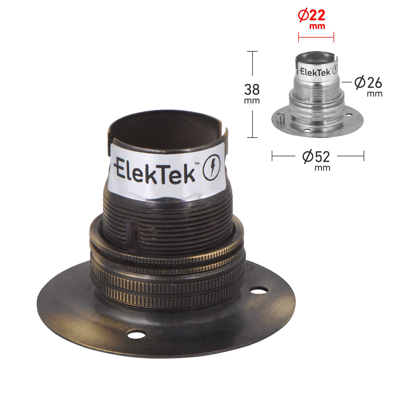 ElekTek Lamp Holder Fixed 52mm Dia Batten Bayonet Cap BC B22 With Shade Ring 3 Fixing Holes - Buy It Better